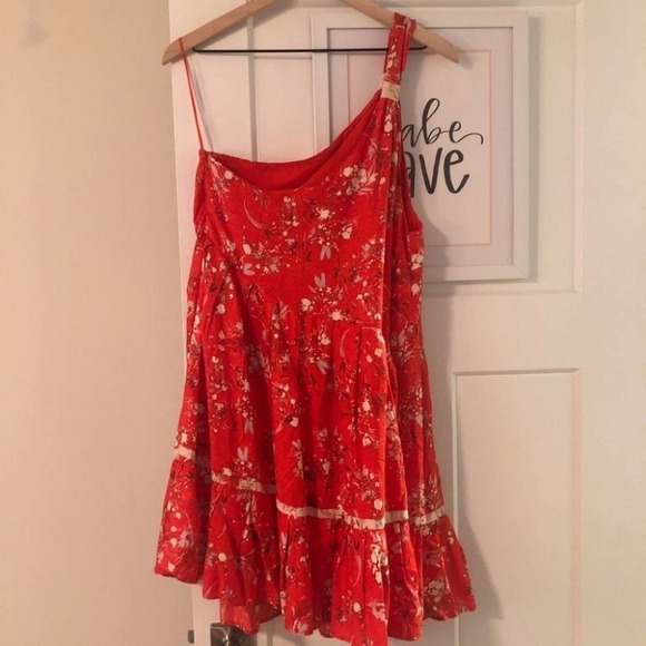 FREE PEOPLE Linen All Mine One Shoulder Red Floral Mini Dress Size Medium NWOT - Picture 6 of 12